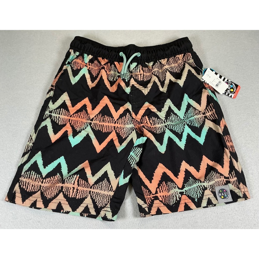 Maui and Sons Mens Swim Trunks Black Zigzag Geometric UPF 50+ Board Shorts M NEW